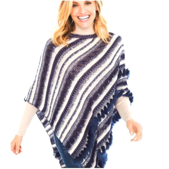 Chico's Blue and Cream Striped   Poncho- Womens Size L/ XL - Picture 1 of 11
